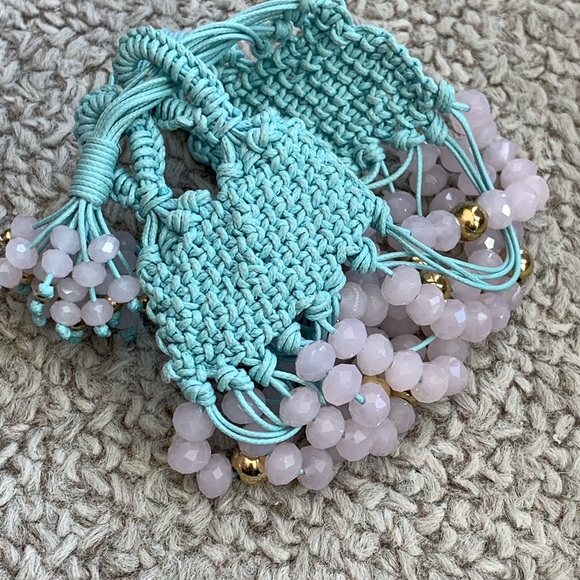 Macramé Cuff Bracelet Pink Crystal Beads Gold Accents Aqua Cord Adjustable 7”
